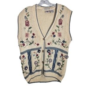 Vtg Sz M‎ Huntington Ridge Cream Floral Embroidered Knit Vest Hand Knitted